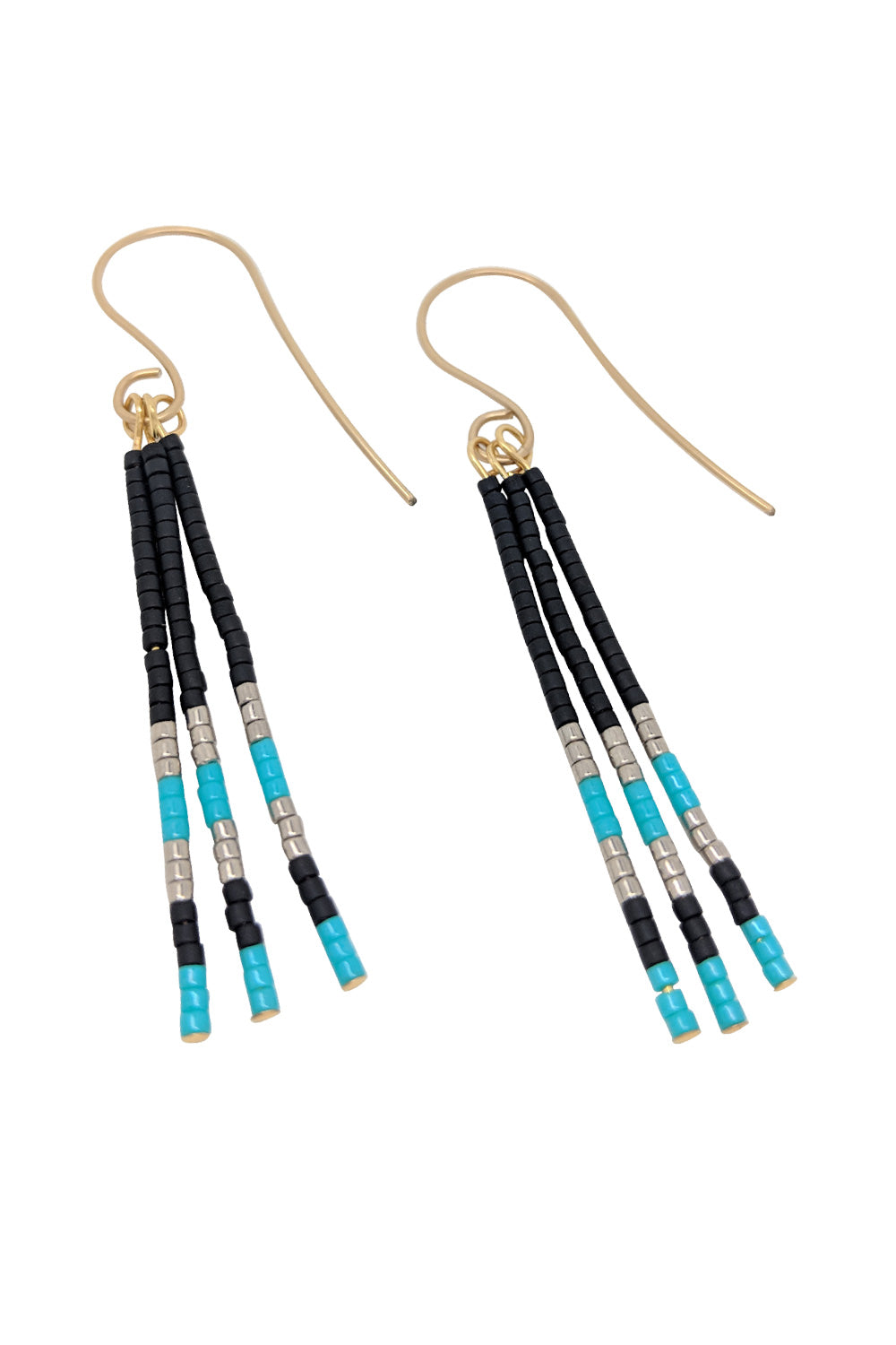 Beaded tassel earrings black, silver-coloured & turquoise