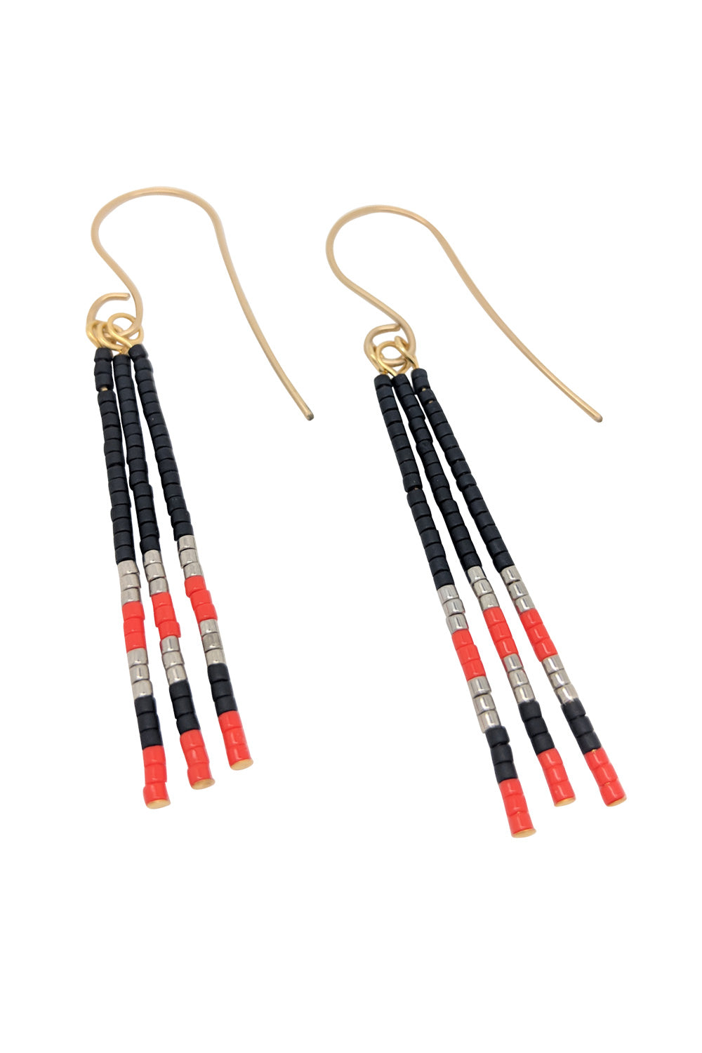 Beaded tassel earrings black, red & silver-coloured
